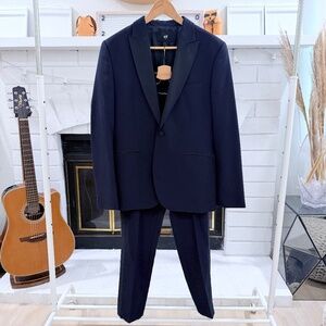 H&M Slim Fit Dark Navy Blue Black Collar Tuxedo Suit Set